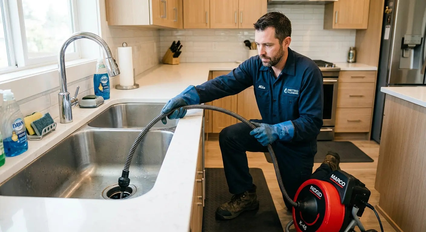 Drain cleaning technician using a motorized snake on a kitchen sink in Gardena