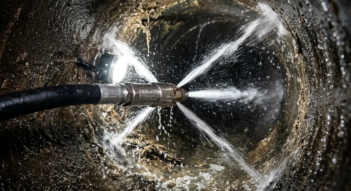 High-pressure hydro jetting nozzle cleaning sewer pipe for Emergency Drain Service in Gardena