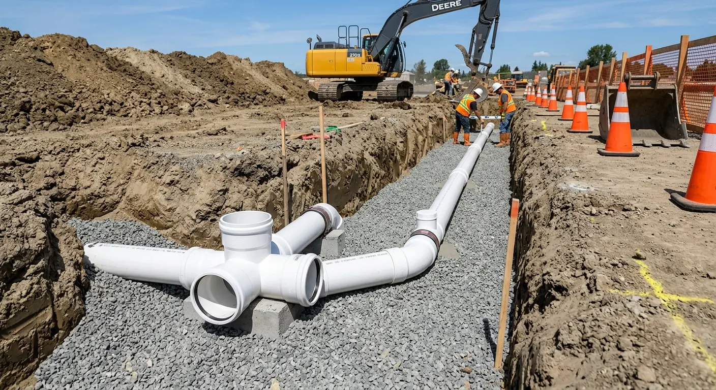 New PVC sewer pipe installation in open trench for Sewer Backup in Gardena