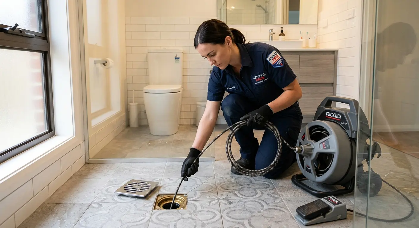 Technician clearing a bathroom floor drain for Sewer Line Installation in Gardena
